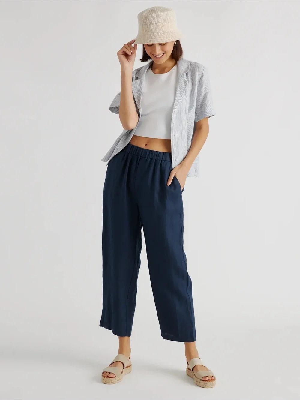 Quince Navy Elastic-Waist Wide-Leg Pants - size XS